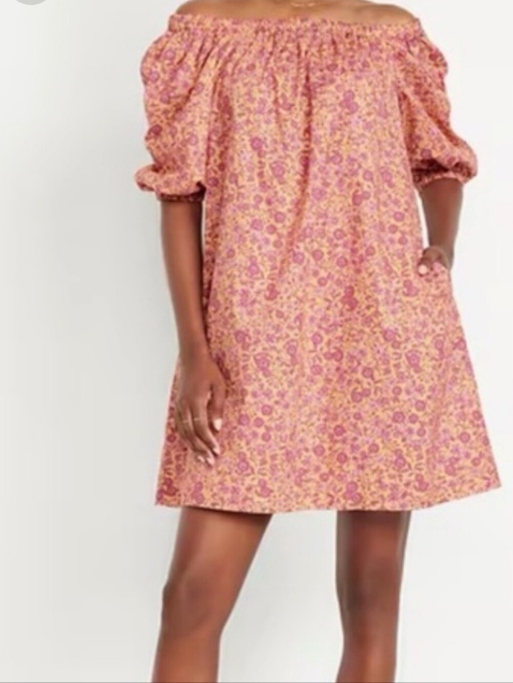 Old Navy Pink & Peach Floral Puff Sleeve Off-Shoulder Peasant Boho Mini Dress, S